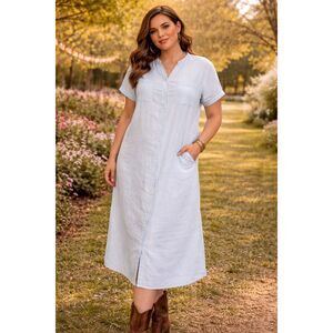 Pure Navy Linen Teal Button Down Midi Shirt Dress Pockets Beachy Coastal Size S